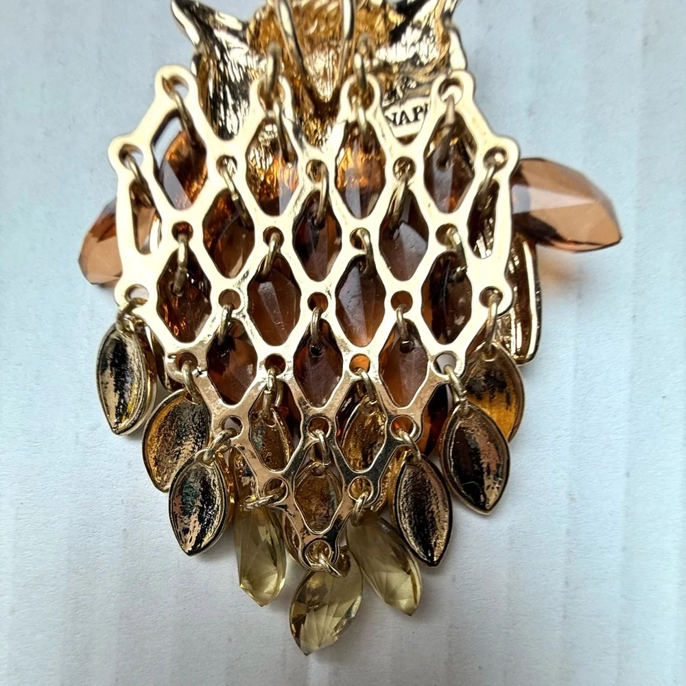 Vintage Napier‎ Necklace Gold Tone Articulated Owl New Amber Stones Large 32”